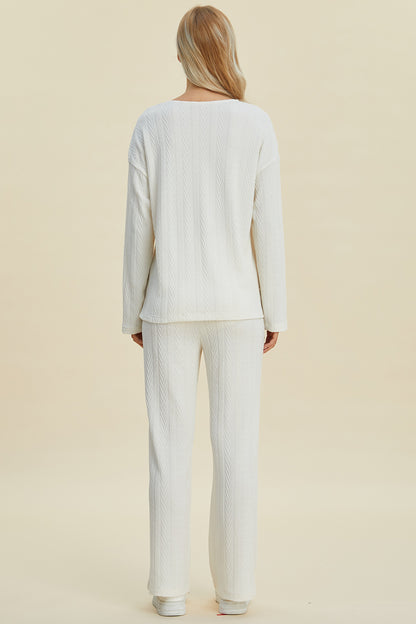 Double Take Cable-Knit Long Sleeve Top and Pants Set