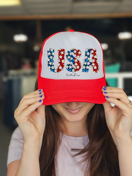 Faux Glitter USA Trucker Hat