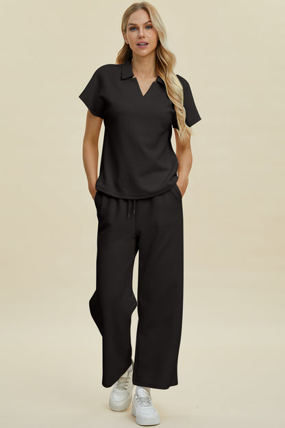 Double Take Collared Neck Short Sleeve Top and Pants Set