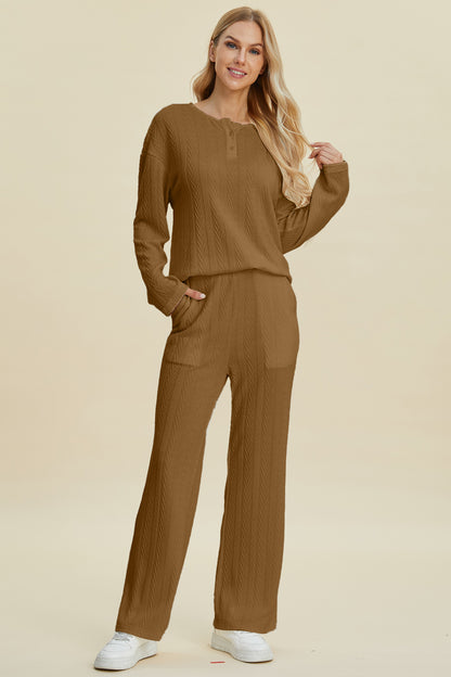 Double Take Cable-Knit Long Sleeve Top and Pants Set