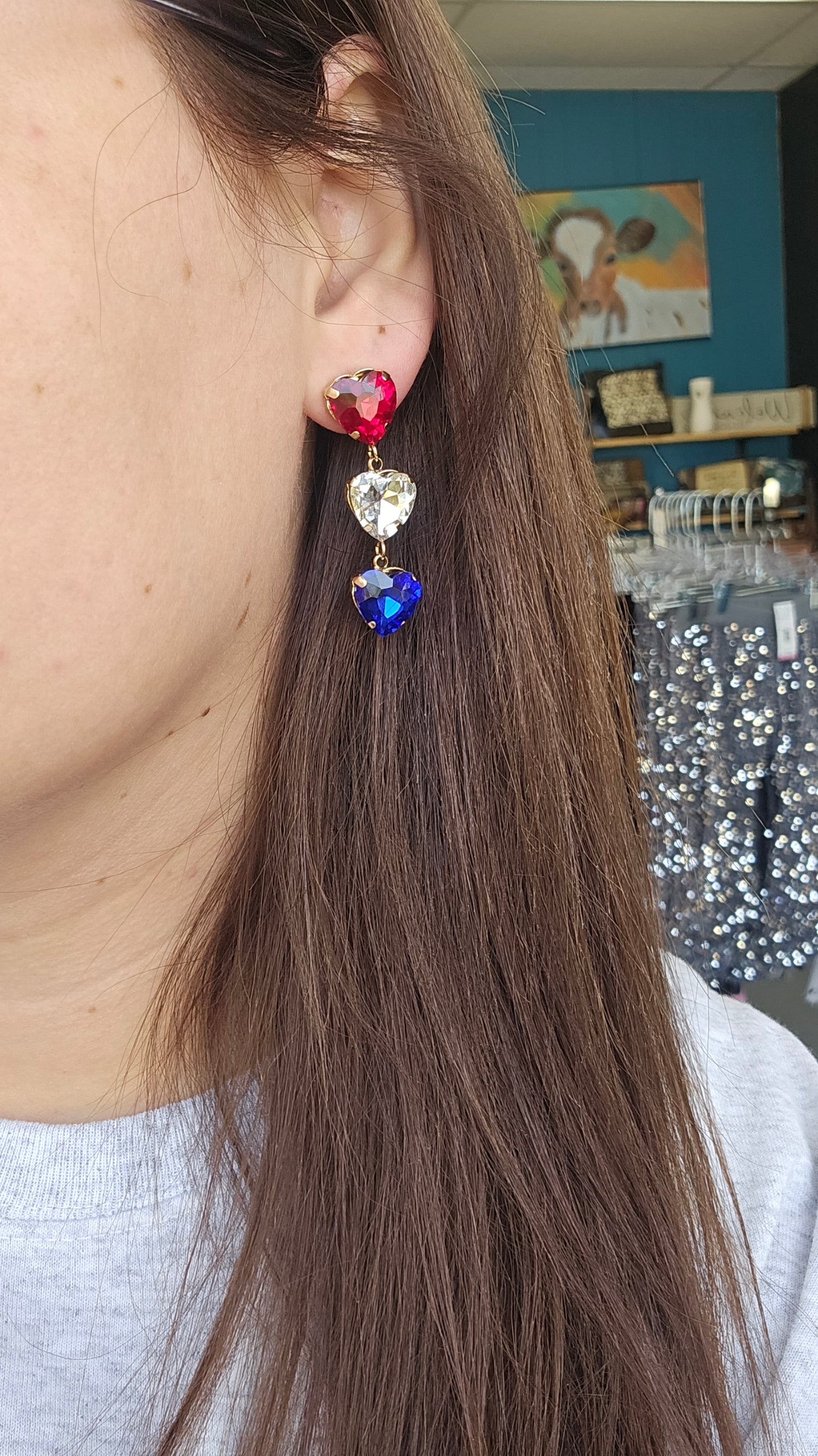 Patriotic Rhinestone Heart Earrings