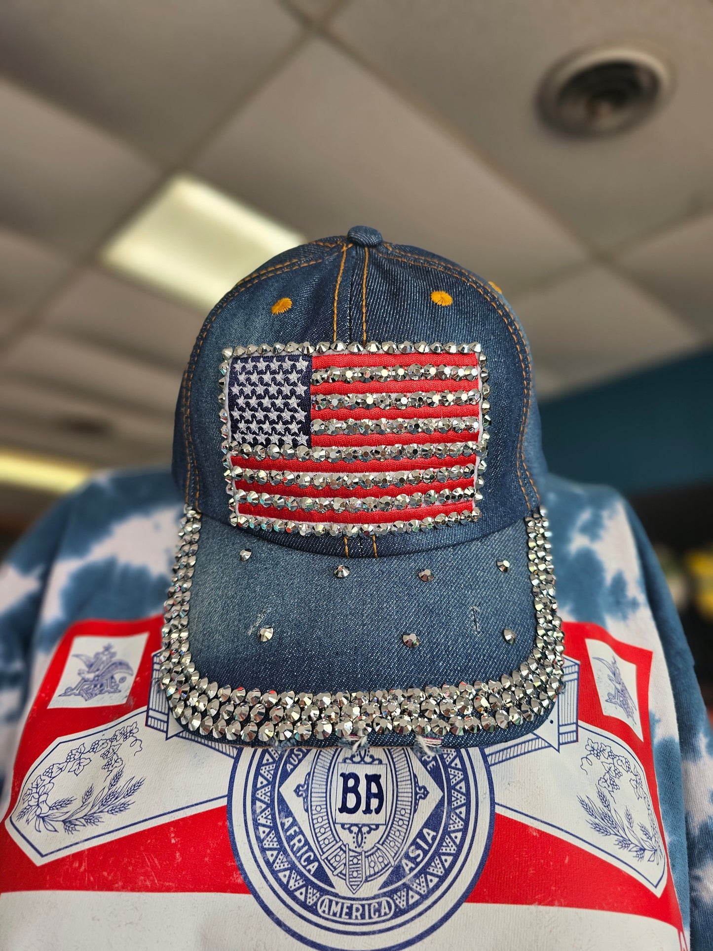 Rhinestone American Flag Denim Baseball Cap