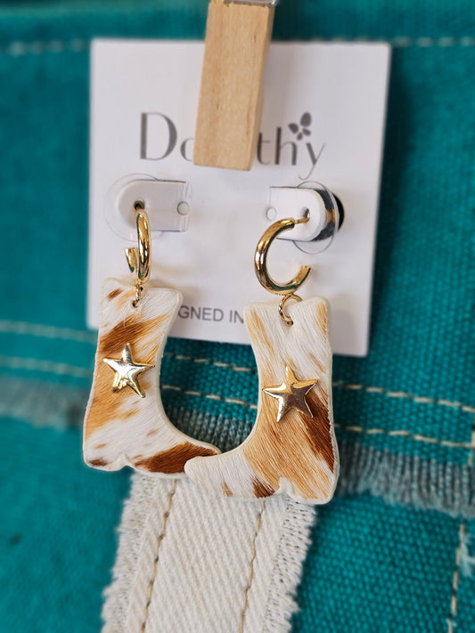 Cowhide Texas Star Cowgirl Boot Earrings