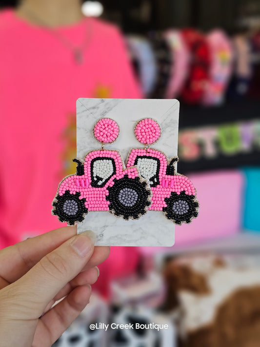 Pink Tractor Beaded Earrings