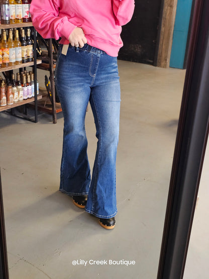 Elastic Waist Flare Jeans