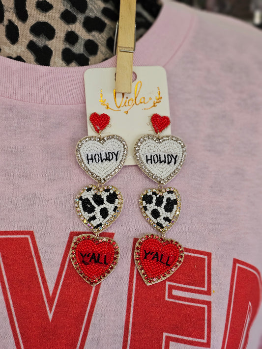 Howdy Y'all Dangle Heart Beaded Earrings