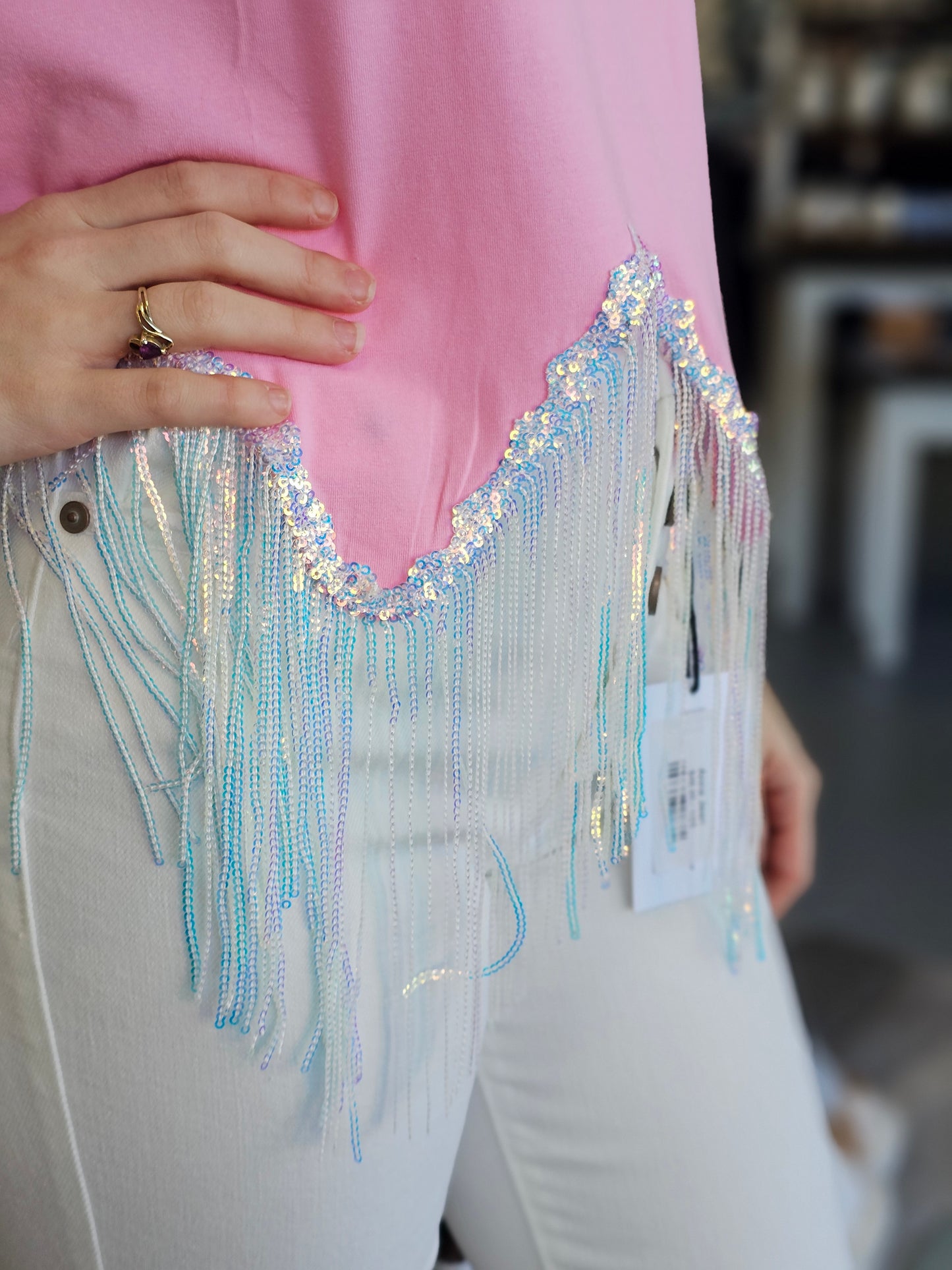 Baby Pink Fringed Sequin Crop T-shirt