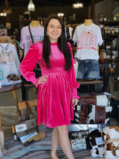 Pink Velvet Smocked Mini Dress