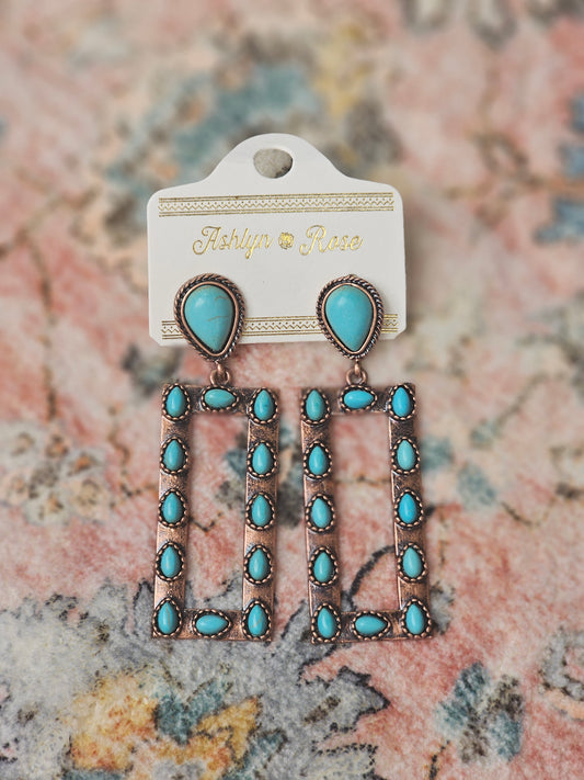 Let's Go Square Dancing Turquoise Copper Earrings