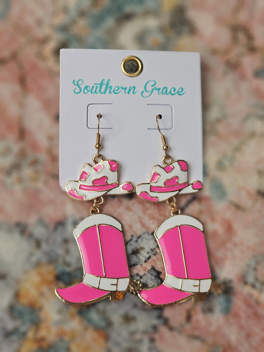 Cowgirl Hat & Boots Earrings - Pink