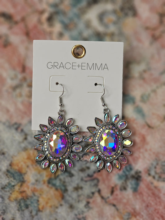 Silver Sun Earrings with Ab Stones