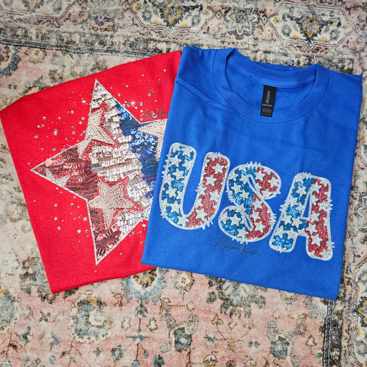 Faux Glitter Patriotic USA Tee