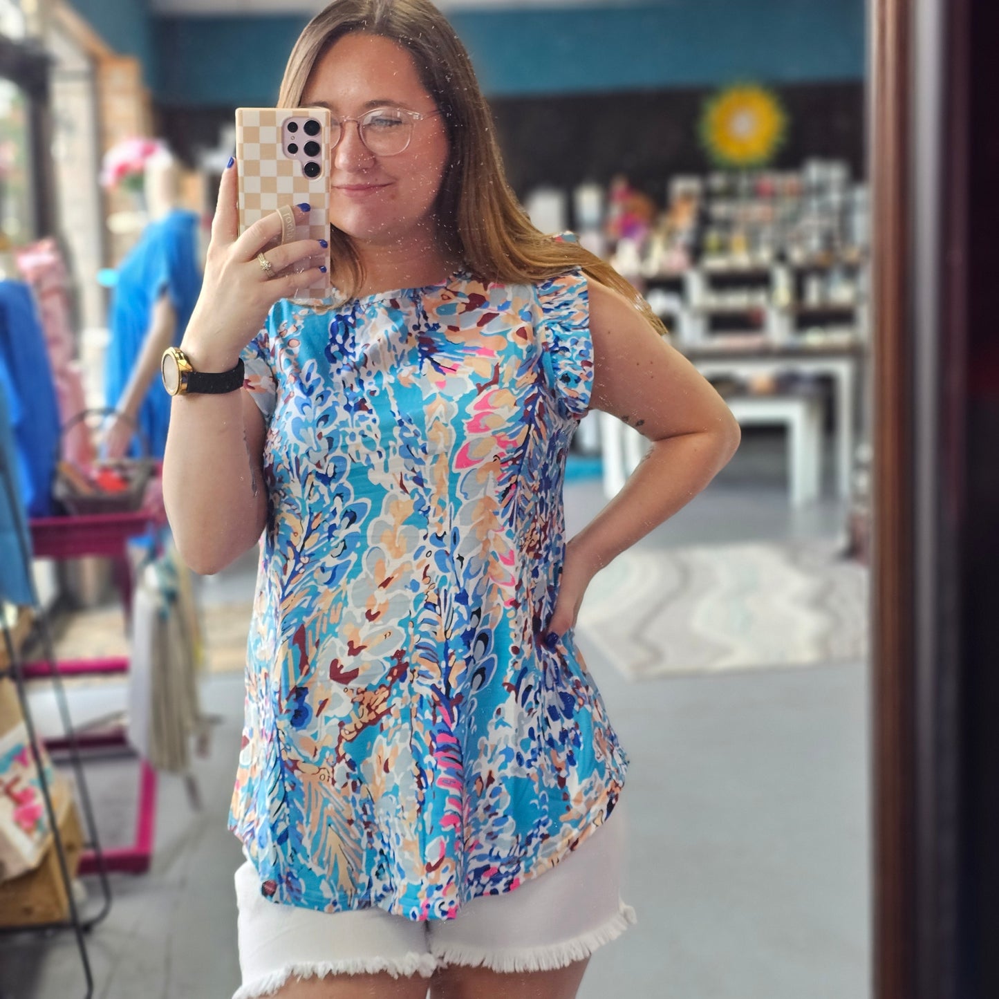 Bright Floral Print Ruffled Sleeve Top