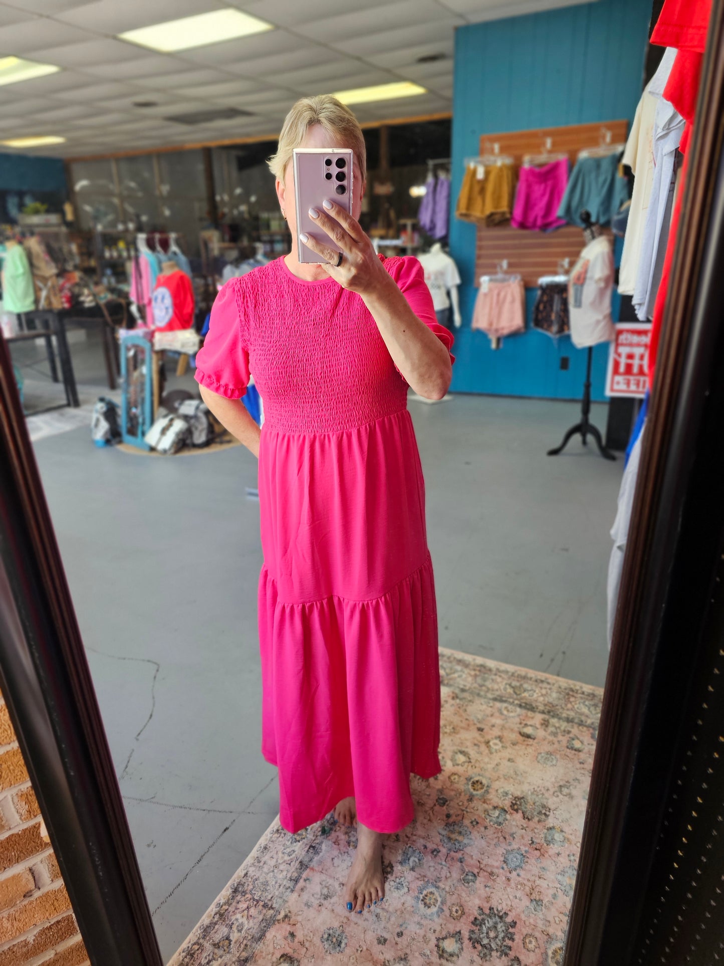 Smocked Pink Midi Dress