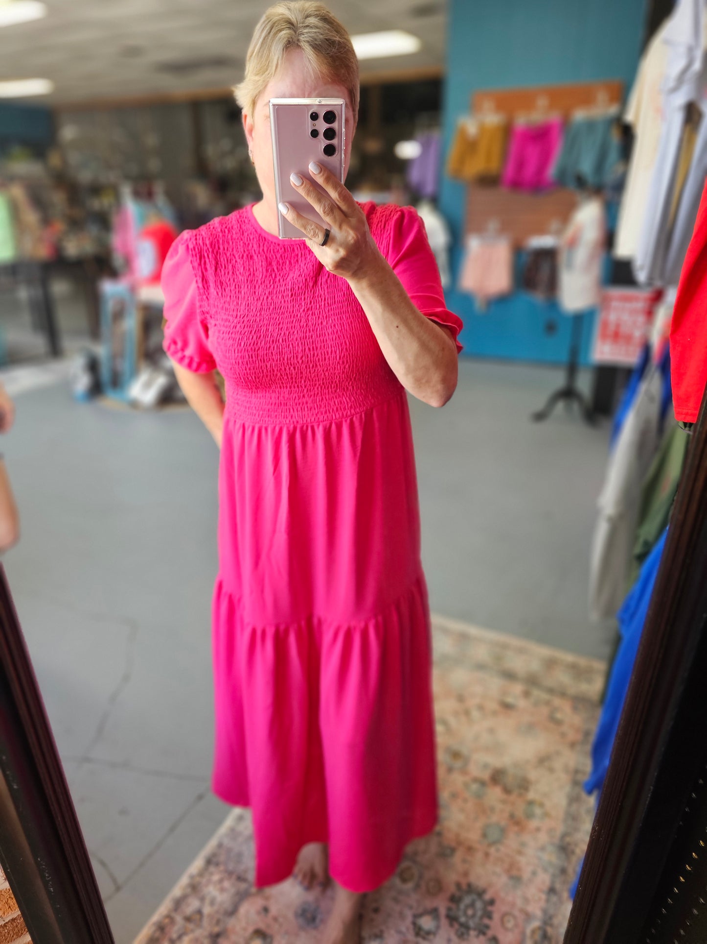 Smocked Pink Midi Dress