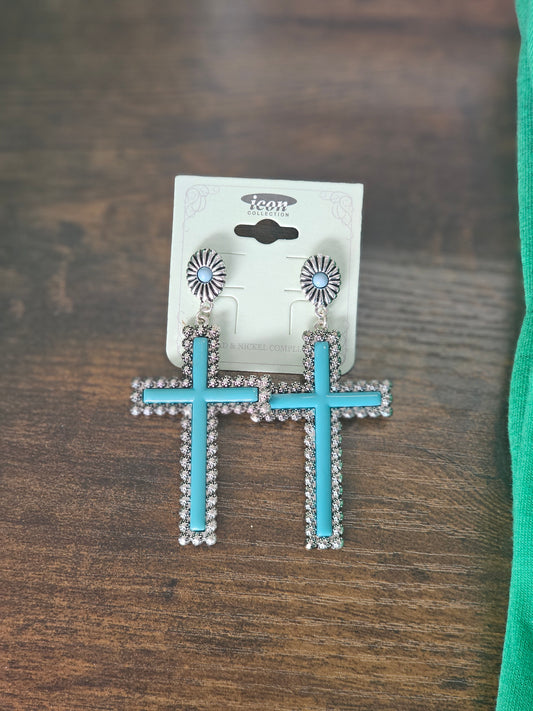 Turquoise Concho Cross Dangle Earrings