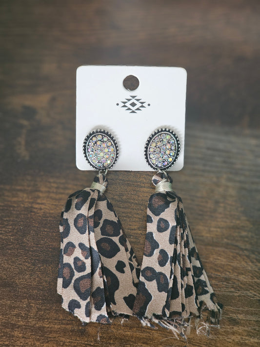 Leopard Ribbon Tassel Rhinestone Earrings