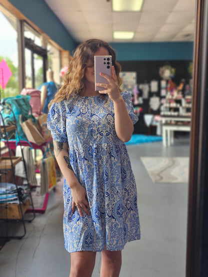 Blue Puff Sleeve Parisian Summer Dress