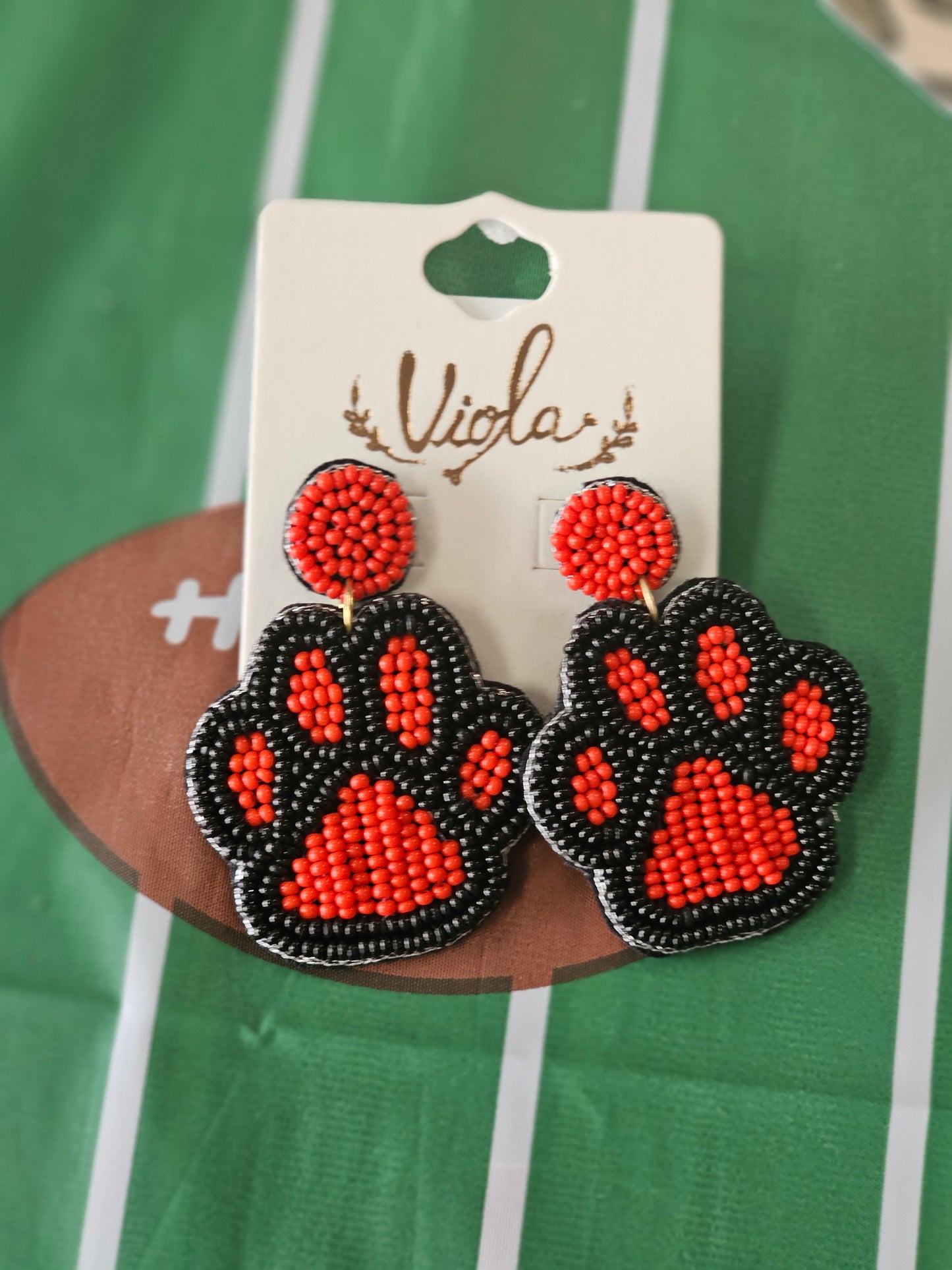 Red & Black Beaded Paw Print Earrings