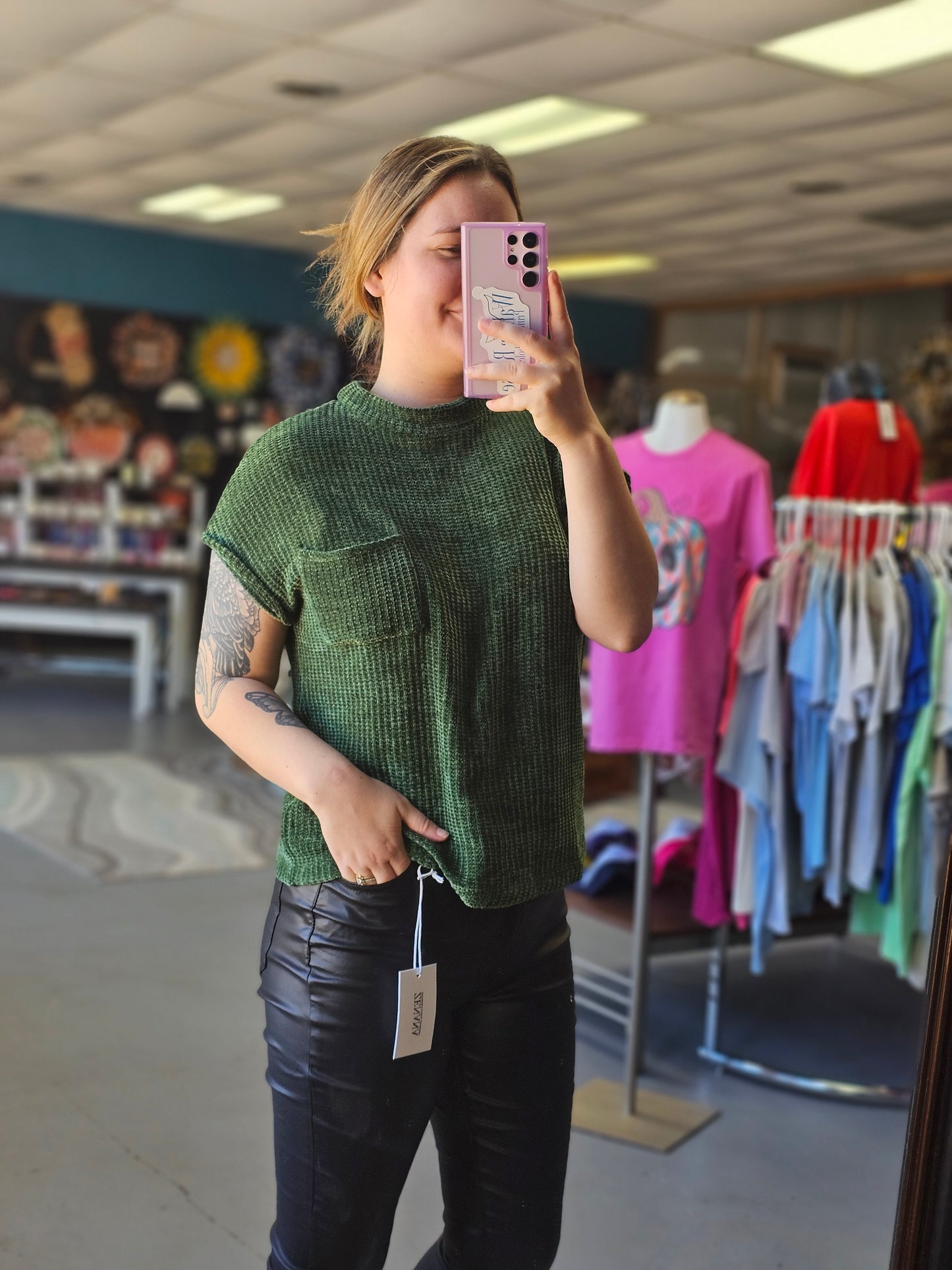 Chenille Waffle Sweater Top | Dark Green