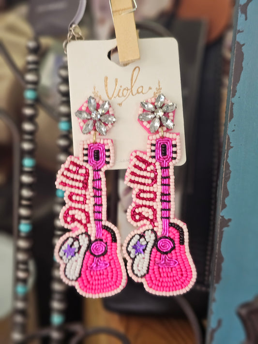 Pink Guitar Dolly Beaded Earrings