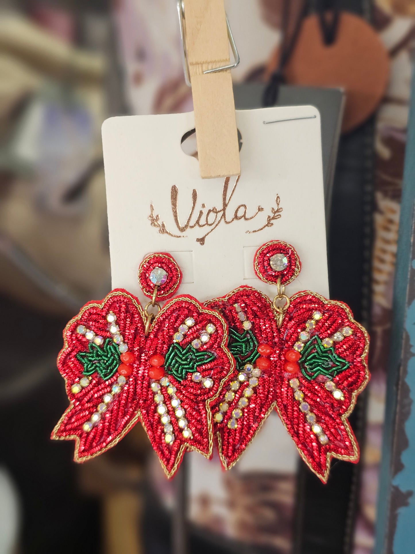 Red Christmas Bow Beaded Earrings