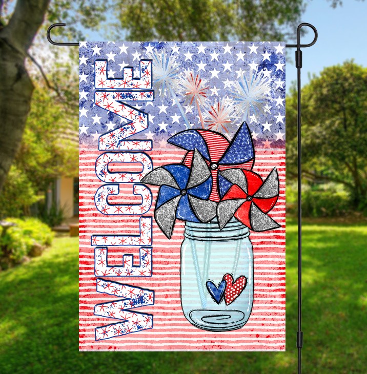 WELCOME Patriotic Pinwheel Garden Flag