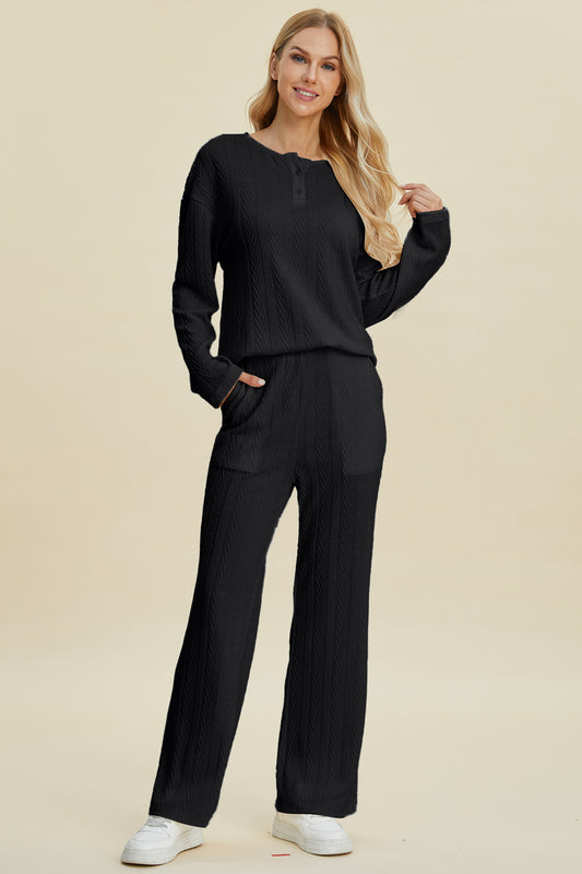 Double Take Cable-Knit Long Sleeve Top and Pants Set