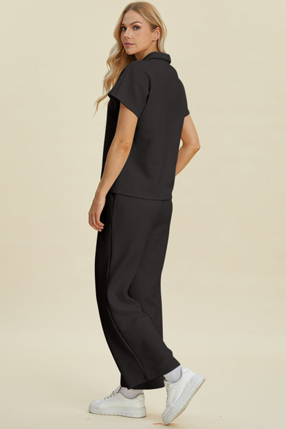 Double Take Collared Neck Short Sleeve Top and Pants Set