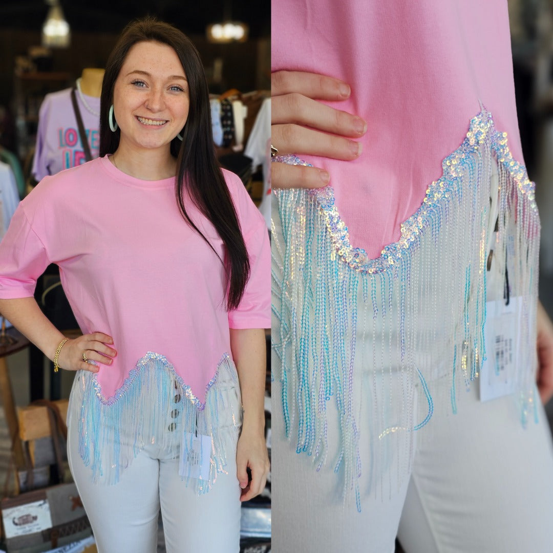 Baby Pink Fringed Sequin Crop T-shirt