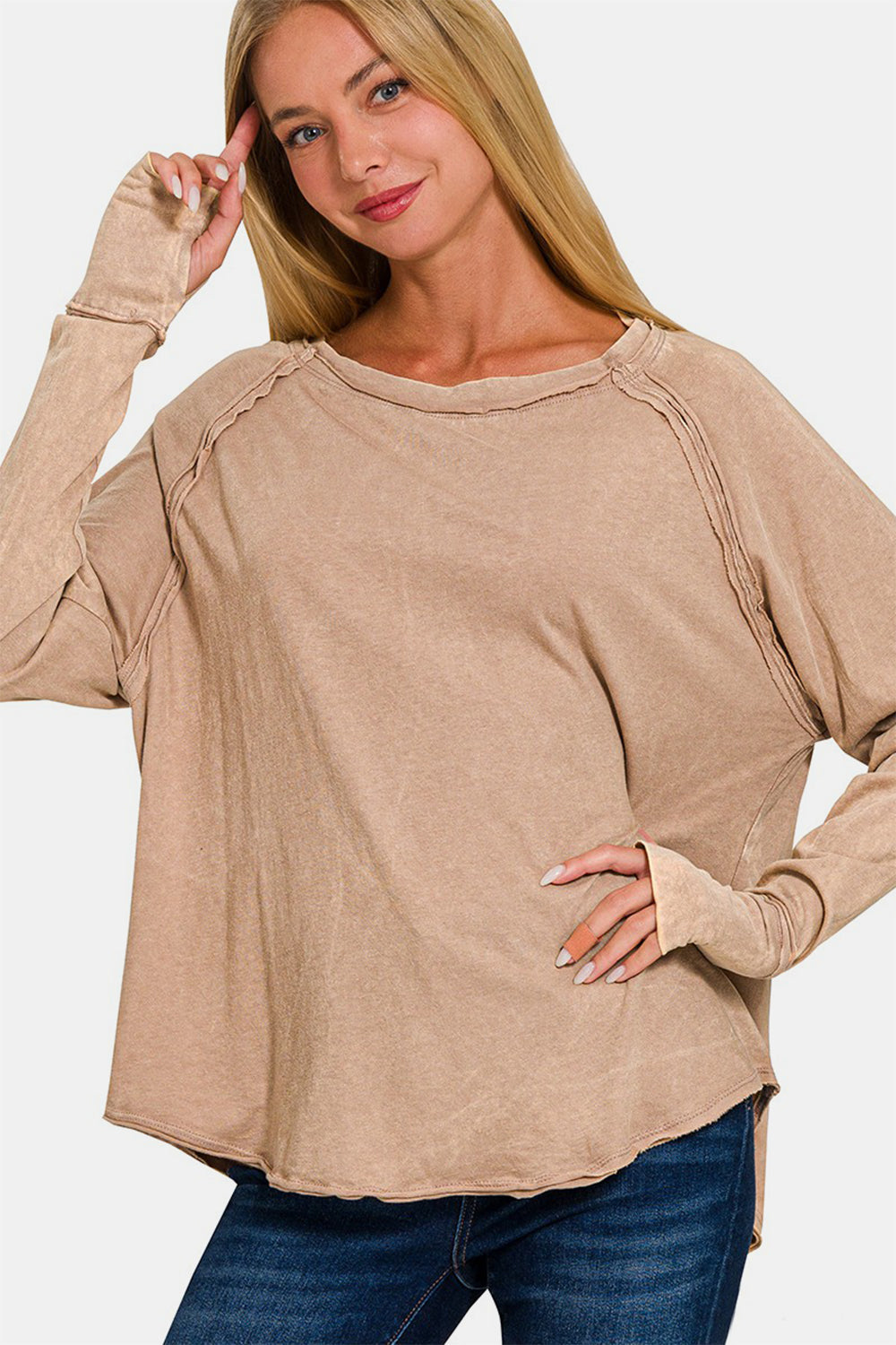 Zenana Round Neck Thumbhole Long Sleeve T-Shirt