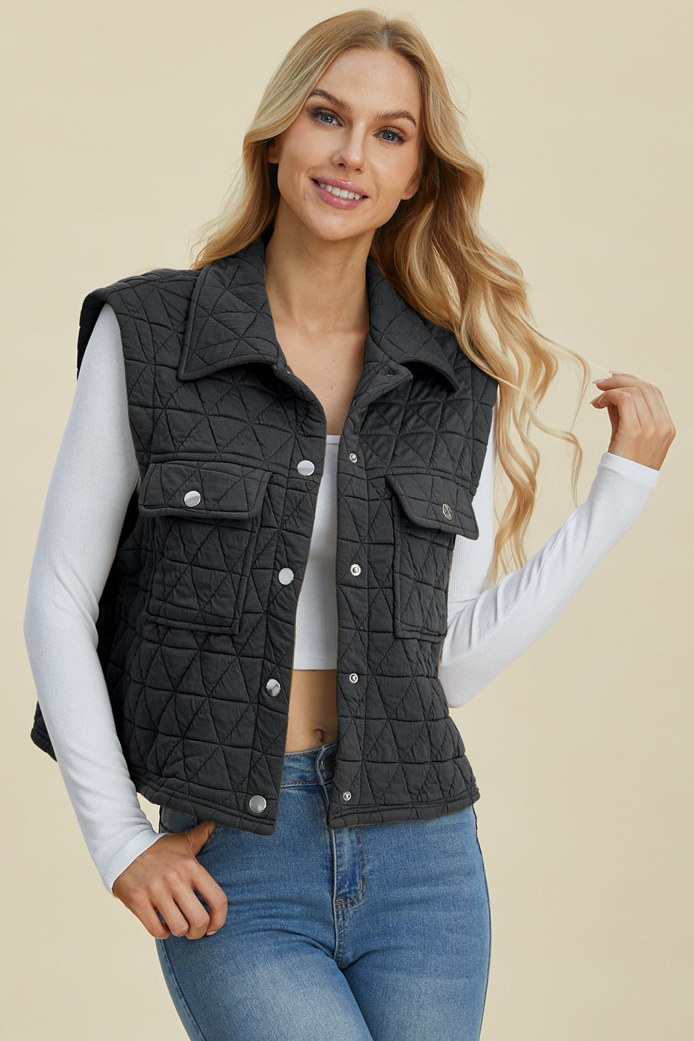 Double Take Pocketed Texture Snap Down Vest Coat