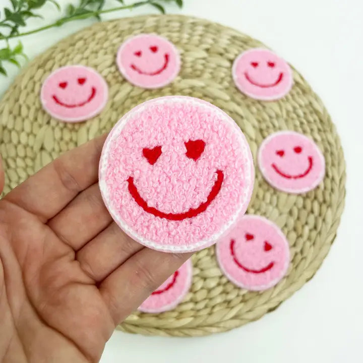 Pink Heart Eyes Smile Chenille Hat Patch