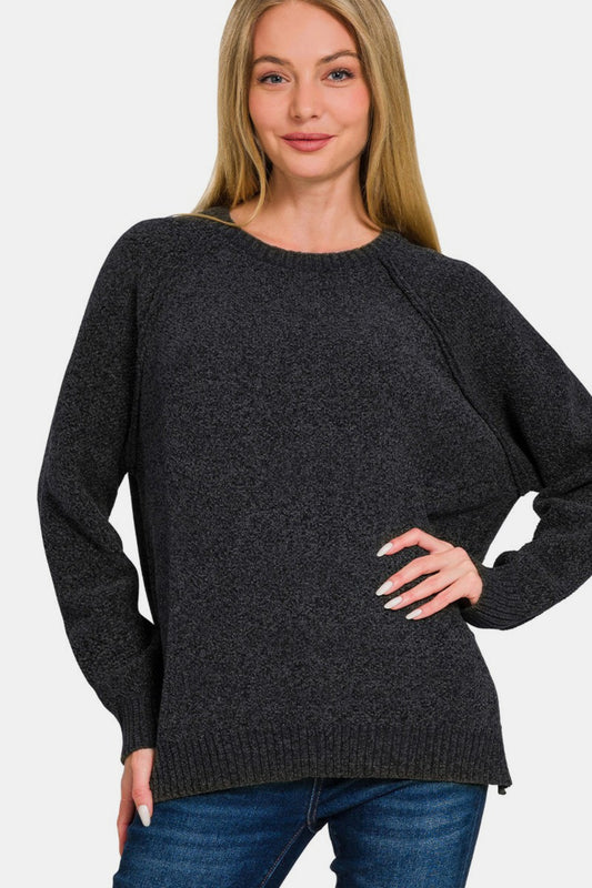 Zenana Side Slit Raglan Sleeve Sweater