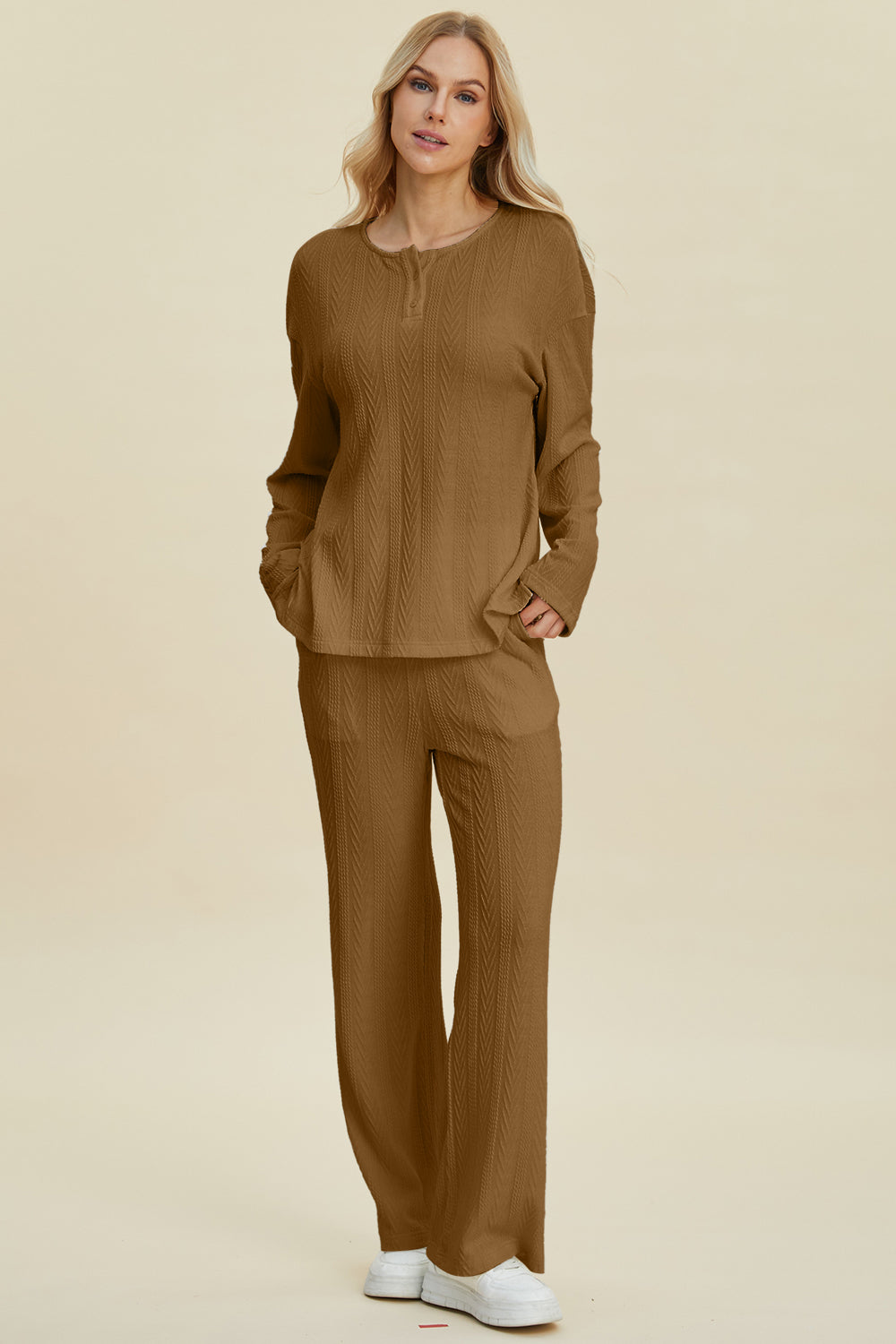 Double Take Cable-Knit Long Sleeve Top and Pants Set