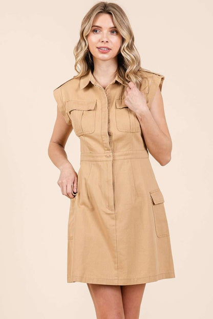 Mittoshop Cargo Pocket Half Button Mini Dress