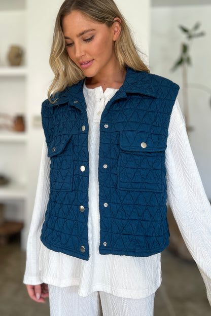 Double Take Pocketed Texture Snap Down Vest Coat