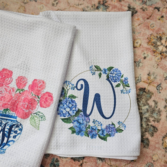 Monogram Hydrangea Waffle Tea Towel