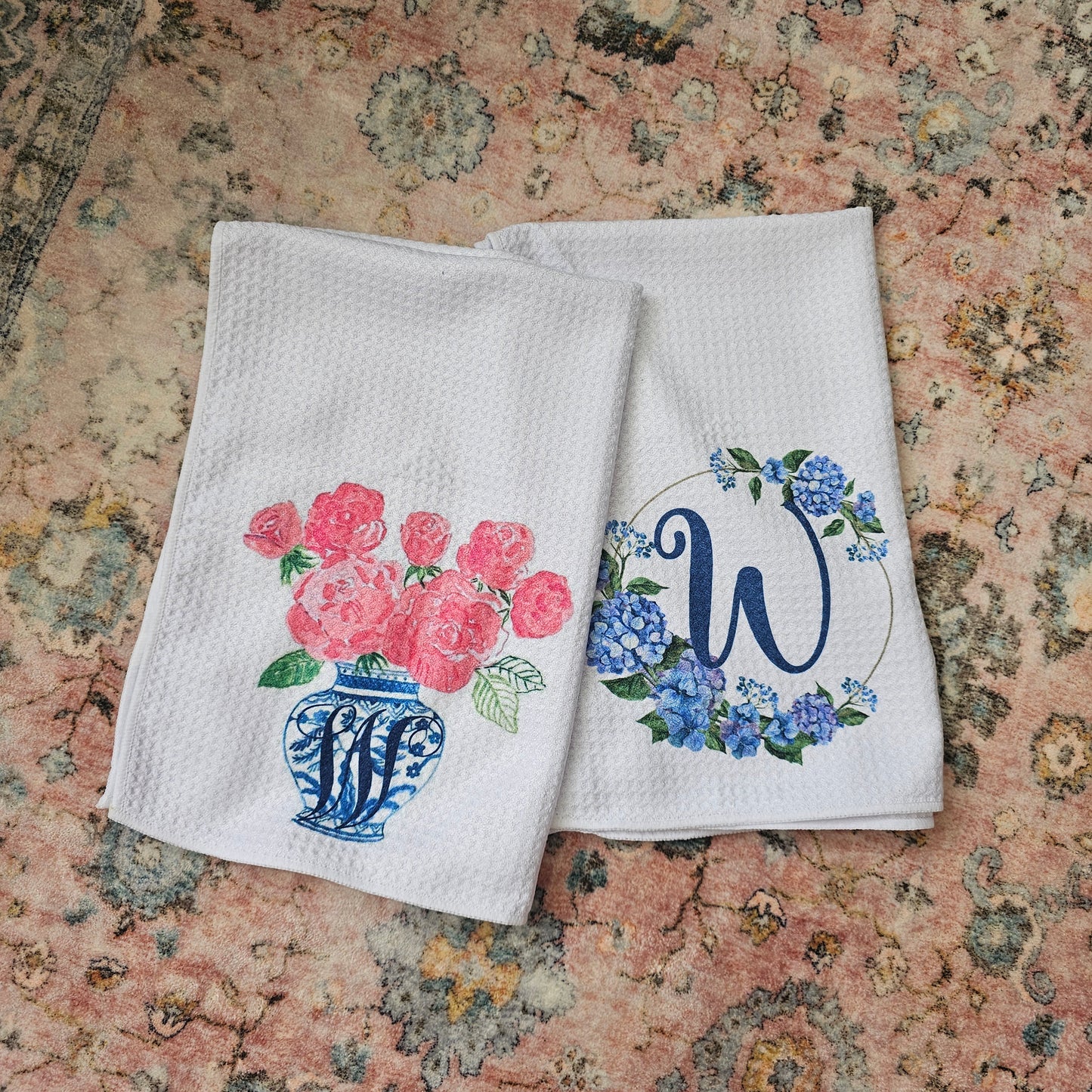 Monogram Hydrangea Waffle Tea Towel