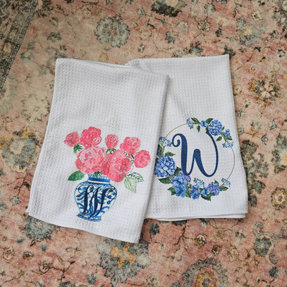 Monogram Hydrangea Waffle Tea Towel