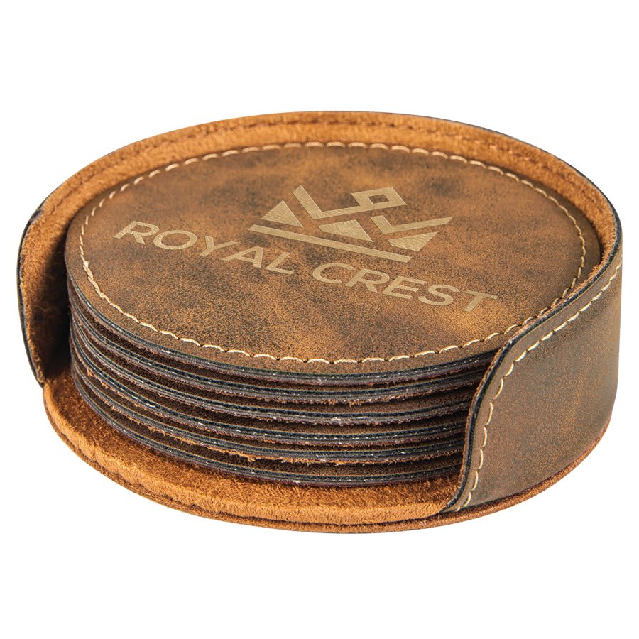 4" Round Laserable Leatherette 6-Coaster Set | Rustic