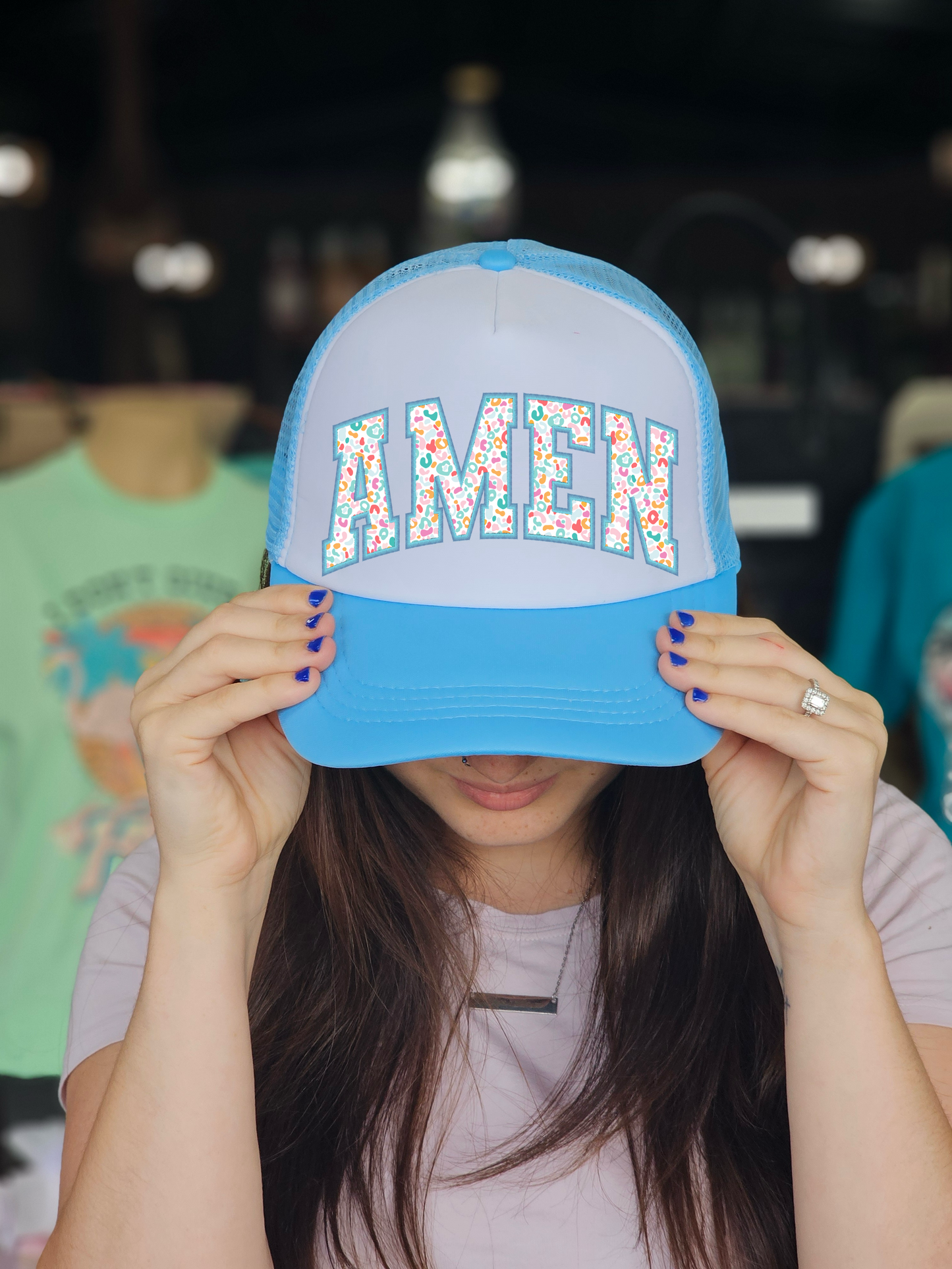 Summer Leopard AMEN In Blue Trucker Hat