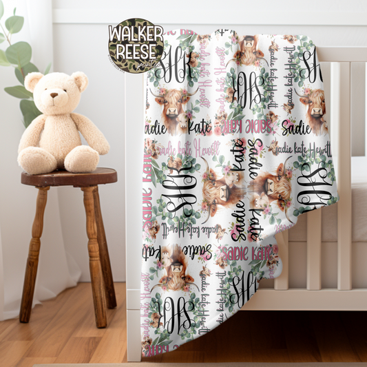 Pink Floral Highland Cow Baby Blanket