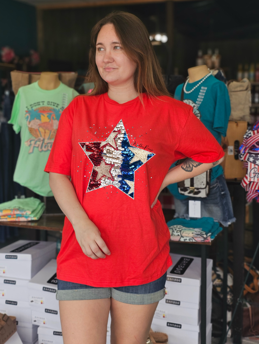 Faux Glitter Patriotic Star Tee