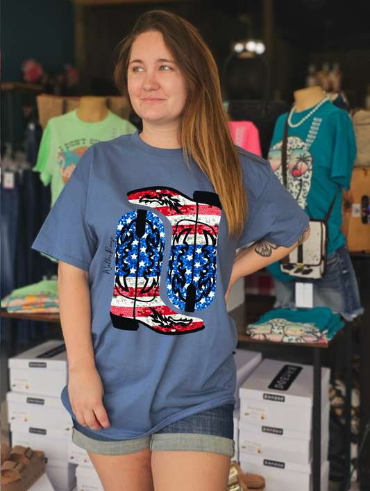 Faux Glitter Patriotic Cowgirl Boots Tee