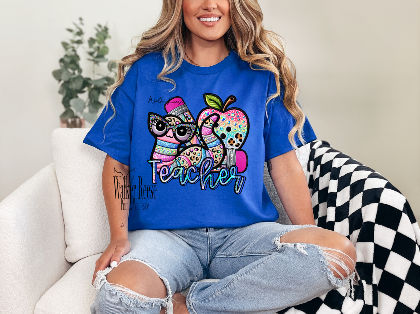 Rainbow Rhinestone Worm TEACHER Tee