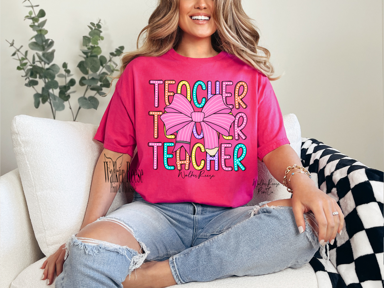 Neon TEACHER With Bow Tee