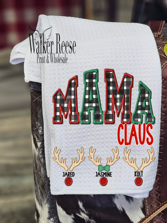 Mama Claus with Reindeer Names Tea Towel