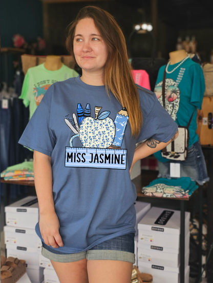 Blue Floral School Name Frame Tee