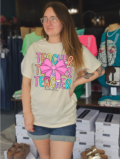 Neon TEACHER With Bow Tee